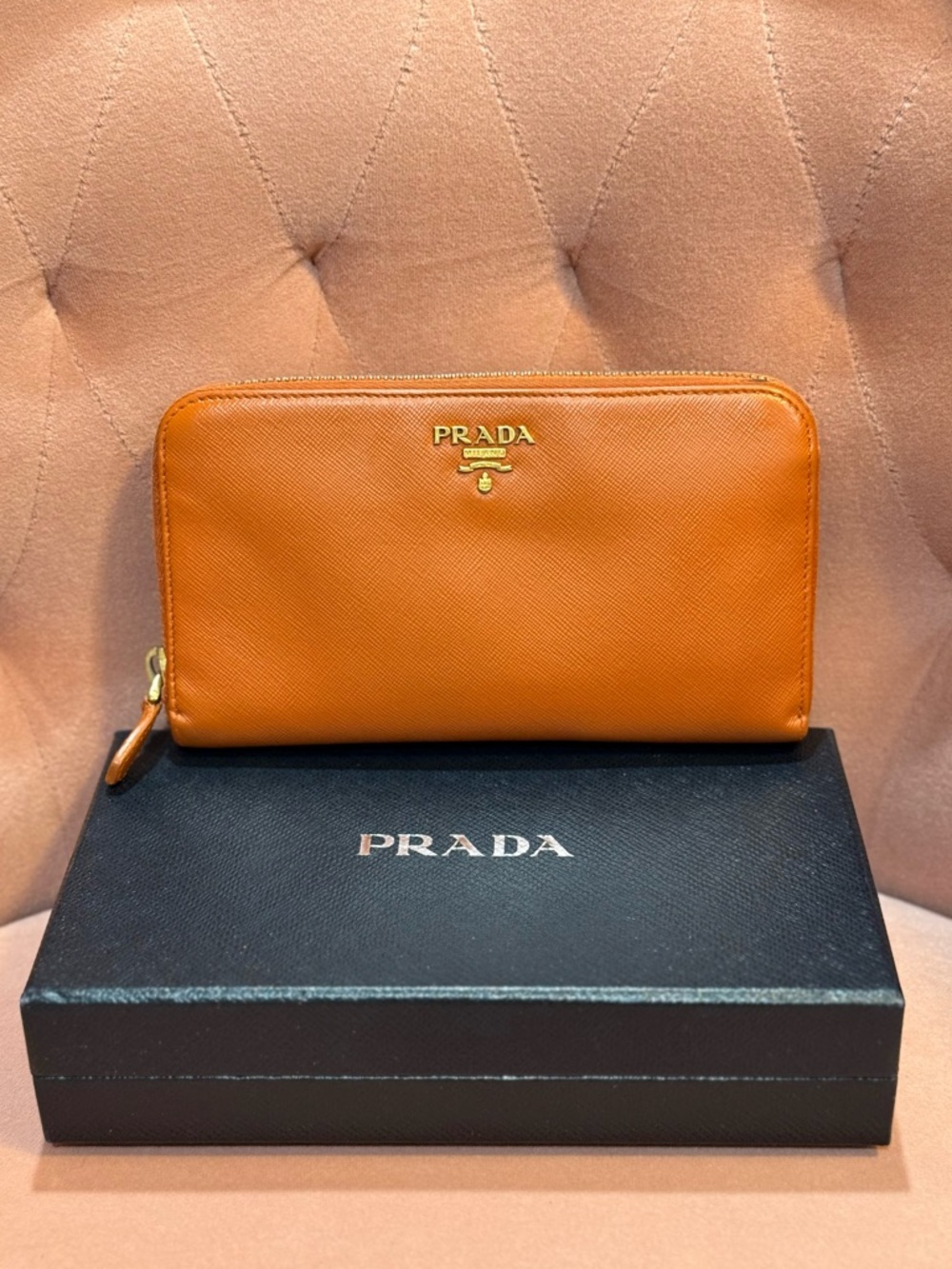 Prada Orange Saffiano Zip-Around Wallet with Gold Logo